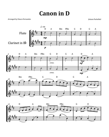 Canon by Pachelbel - Flute and Clarinet Duet with Chord Notation