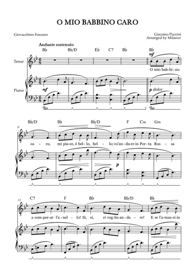 O Mio Babbino Caro | Male Voice Tenor | B-flat Major | Piano accompaniment | Pedal | Chords
