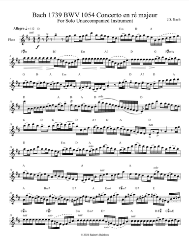 Bach 1739 BWV 1054 Concerto en ré majeur For Solo Unaccompanied Flute Key of D
