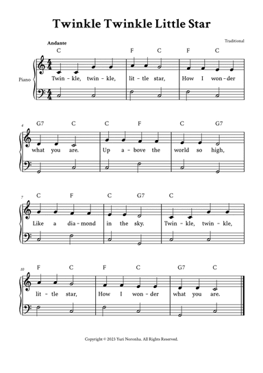 Twinkle Twinkle Little Star - Easy Piano in C (with Lyrics)