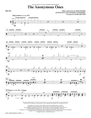 The Anonymous Ones (from Dear Evan Hansen) (arr. Mark Brymer) - Drums