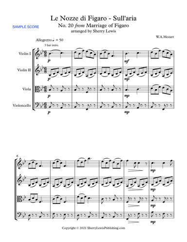 MARRIAGE OF FIGARO - LE NOZZE DI FIGARO - SULL'ARIA - Mozart - String Quartet, Intermediate Level fo