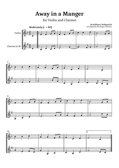 Away in a Manger (Violin and Clarinet) - Beginner Level