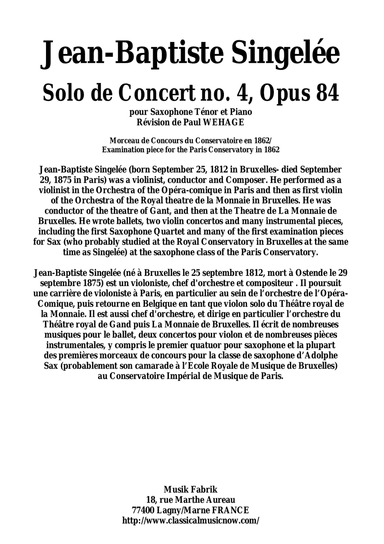 Jean-Baptiste Singelée Solo de Concert no. 4, Opus 84 for tenor saxophone and piano