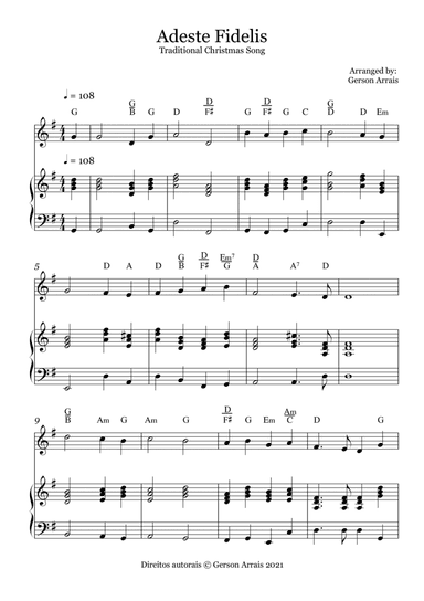 Adeste Fidelis - Traditional Christmas Song - for Recorder and Piano - Score and Parts