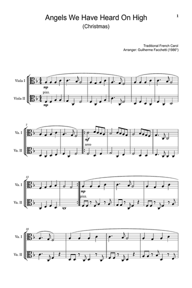 Traditional French Carol - Angels We Have Heard on High. Arrangement for Viola Duet