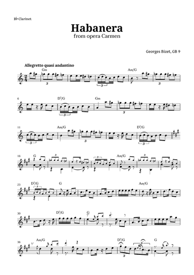 Habanera from Carmen by Bizet for Clarinet with Chords