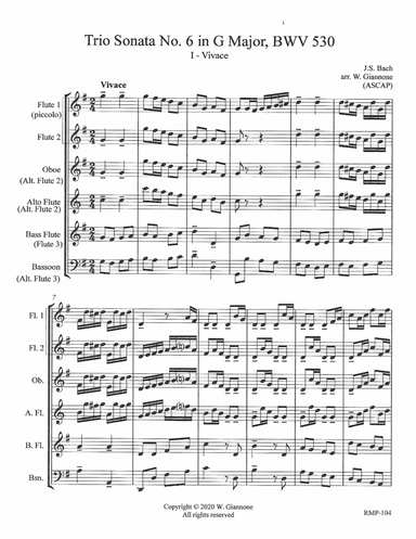 Bach - Trio Sonata No. 6 in G Major - Full Score - Flute1-2-3-AltoFl-Oboe-Bassoon