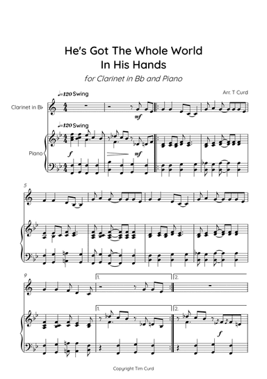 He's Got The Whole World in His Hands for Clarinet in Bb and Piano