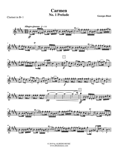 Carmen, No. 1 Prelude - Clarinet in Bb 1 (Transposed Part)