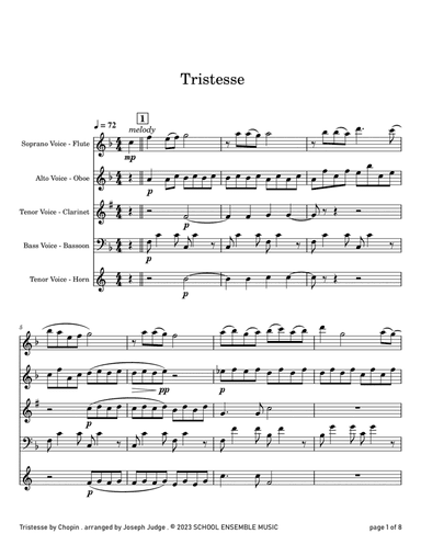 Tristesse by Chopin for Woodwind Quartet in Schools