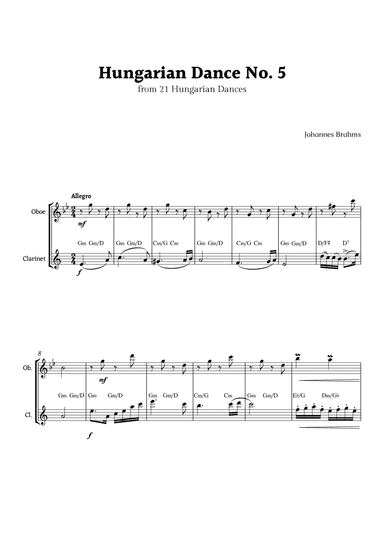 Hungarian Dance No. 5 by Brahms for Oboe and Clarinet Duet