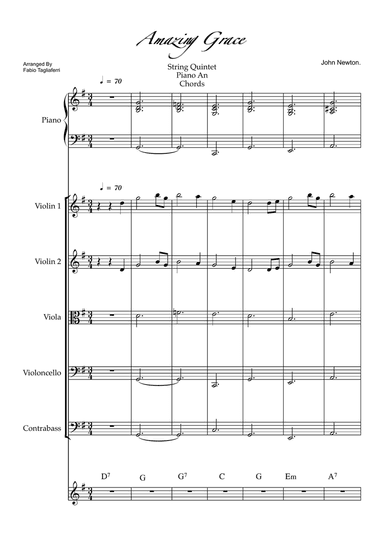 Amazing Grace String Quintet piano and chords.Full Score and Individual parts
