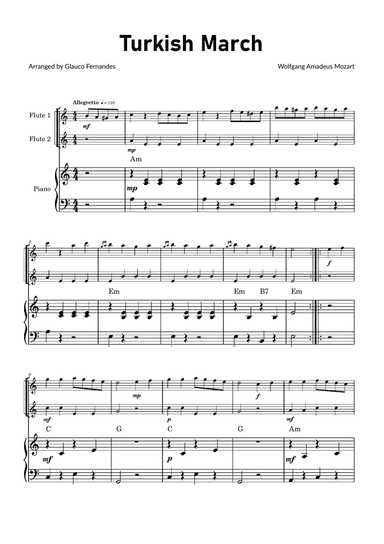 Turkish March by Mozart - Flute Duet with Piano and Chord Notations