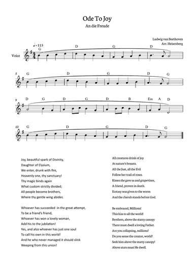 Beethoven - Ode To Joy for voice with chords in G (Lyrics in English)