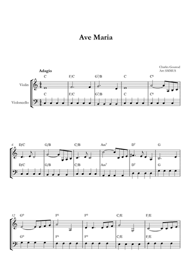 Ave Maria (Bach-Gounod) in C Major for Violin and Cello With Chords