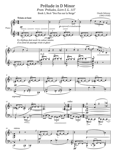Debussy Preludes, Livre 1, L.117 Book 1, No.6 Des Pas sur la Neige - For Piano Solo Original