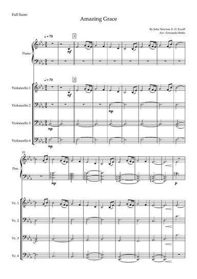 Amazing Grace (John Newton, E. O. Excell) for Cello Quartet and Piano Accompaniment with Chords