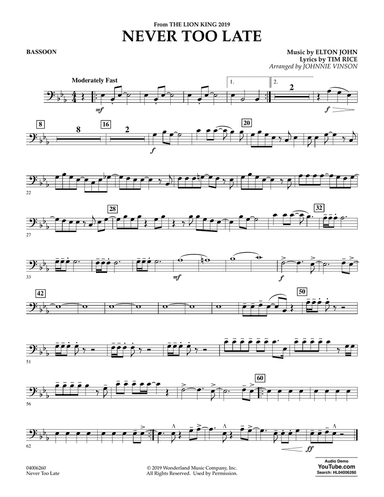 Never Too Late (from The Lion King 2019) (arr. Johnnie Vinson) - Bassoon