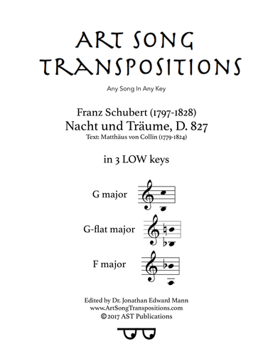 SCHUBERT: Nacht und Träume, D. 827 (in 3 low keys: G, G-flat, F major)