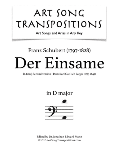 SCHUBERT: Der Einsame, D. 800 (second version, transposed to D major, bass clef)