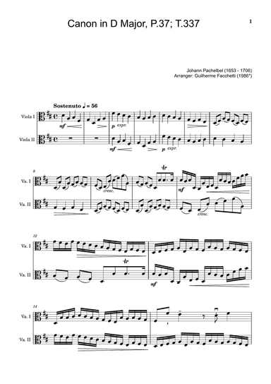 Johann Pachelbel - Canon in D Major, P.37; T.337. Arrangement for Viola Duet. Score and Parts.