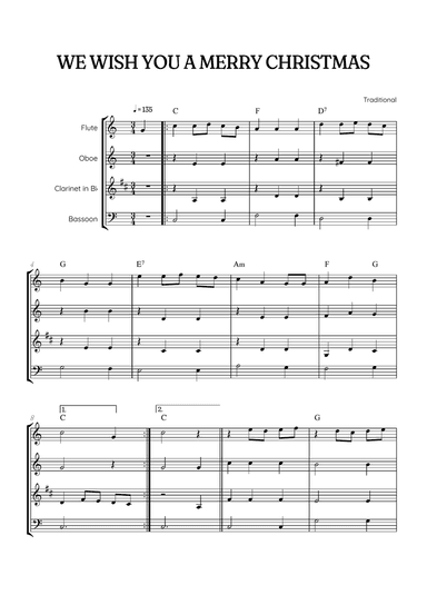 We Wish You a Merry Christmas for Woodwind Quartet • easy Christmas sheet music w/ chords