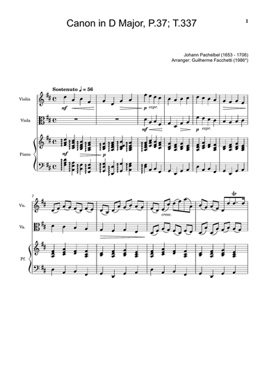 Johann Pachelbel - Canon in D Major, P.37; T.337. Arrangement for Violin, Viola and Piano.