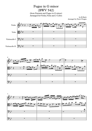 Fugue in G minor (BWV 542) (from "Fantasia and Fugue") by JS Bach - for Violin, Viola and 2 Cellos
