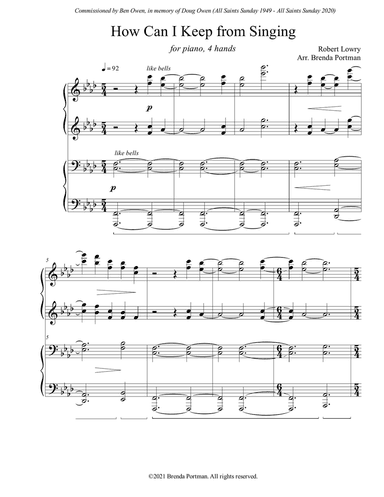 How Can I Keep from Singing (piano duet), arr. Brenda Portman
