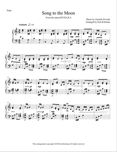 Song to the Moon from Rusulka for solo harp in C - no levers required