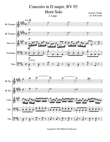 Largo from Concerto in D Major, RV 93 for Brass Quintet (Horn Solo)