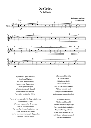 Beethoven - Ode to Joy for violin in A with chords.