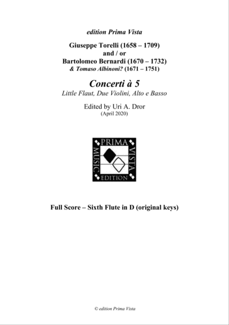 Torelli Recorder Concerti, Original Keys (Sixth Flute), Full Score