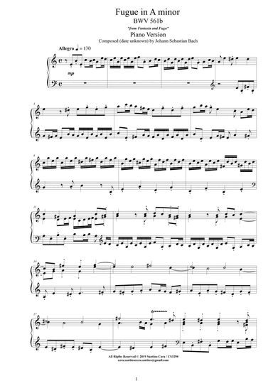 Bach - Fugue in A minor BWV 561b - Piano version