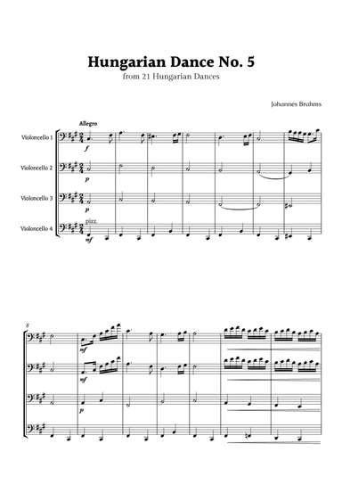 Hungarian Dance No. 5 by Brahms for Cello Quartet