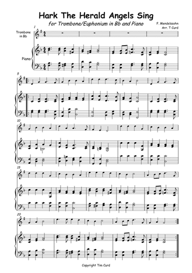 Hark The Herald Angels Sing for Solo Trombone/Euphonium in Bb and Piano