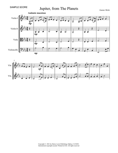 JUPITER from The Planets String Quartet, Intermediate Level for 2 violins, viola and cello