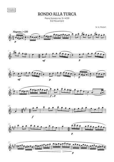 Rondo Alla Turca (Turkish March) • violin sheet music