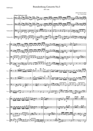 Brandenburg Concerto No. 3 in G major, BWV 1048 1st Mov. (J.S. Bach) for Cello Quartet