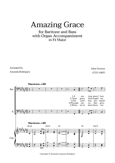 Amazing Grace in F# Major - Baritone and Bass with Organ Accompaniment and Chords