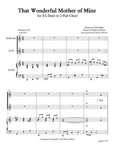 That Wonderful Mother of Mine - Key of C (for SA duet with Piano Accompaniment)