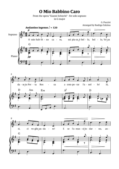 O Mio Babbino Caro - for soprano (in G major)