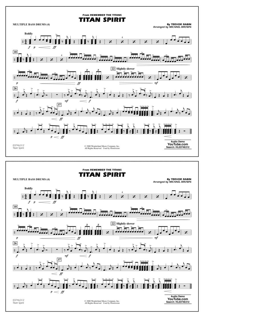 Titan Spirit (from Remember the Titans) (arr. Michael Brown) - Multiple Bass Drums