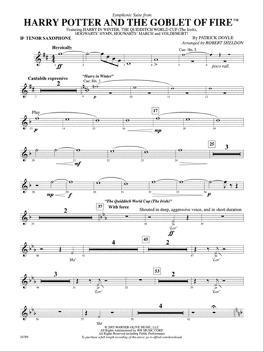Harry Potter and the Goblet of Fire, Symphonic Suite from: B-flat Tenor Saxophone
