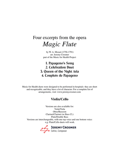 Mozart: Magic Flute selections - Music for Health Duet Violin/Cello