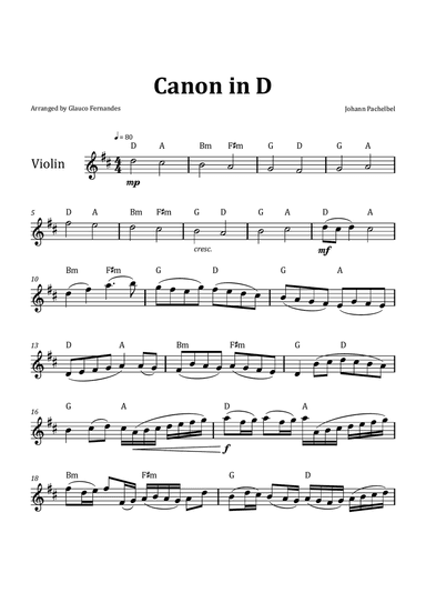 Canon by Pachelbel - Violin & Chord Notation