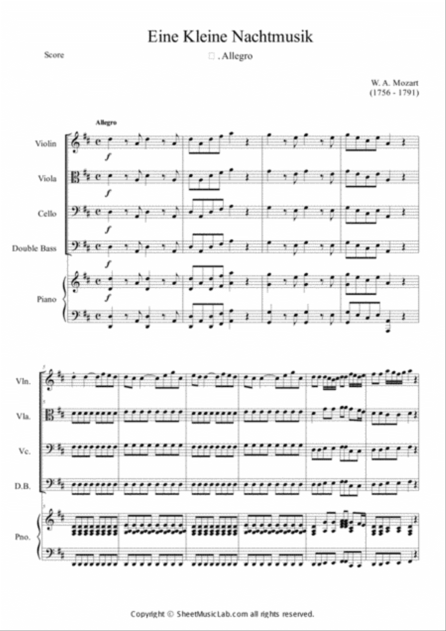 Serenade No.13 "Eine Kleine Nachtmusik" in G major, K.525 1.Allegro Easy & Short In D
