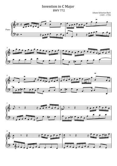 J S Bach - Invention in C Major - BWV 772 - Original For Easy Piano