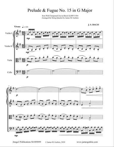 BACH: Prelude & Fugue No. 15 in G Major, BWV 884 for String Quartet
